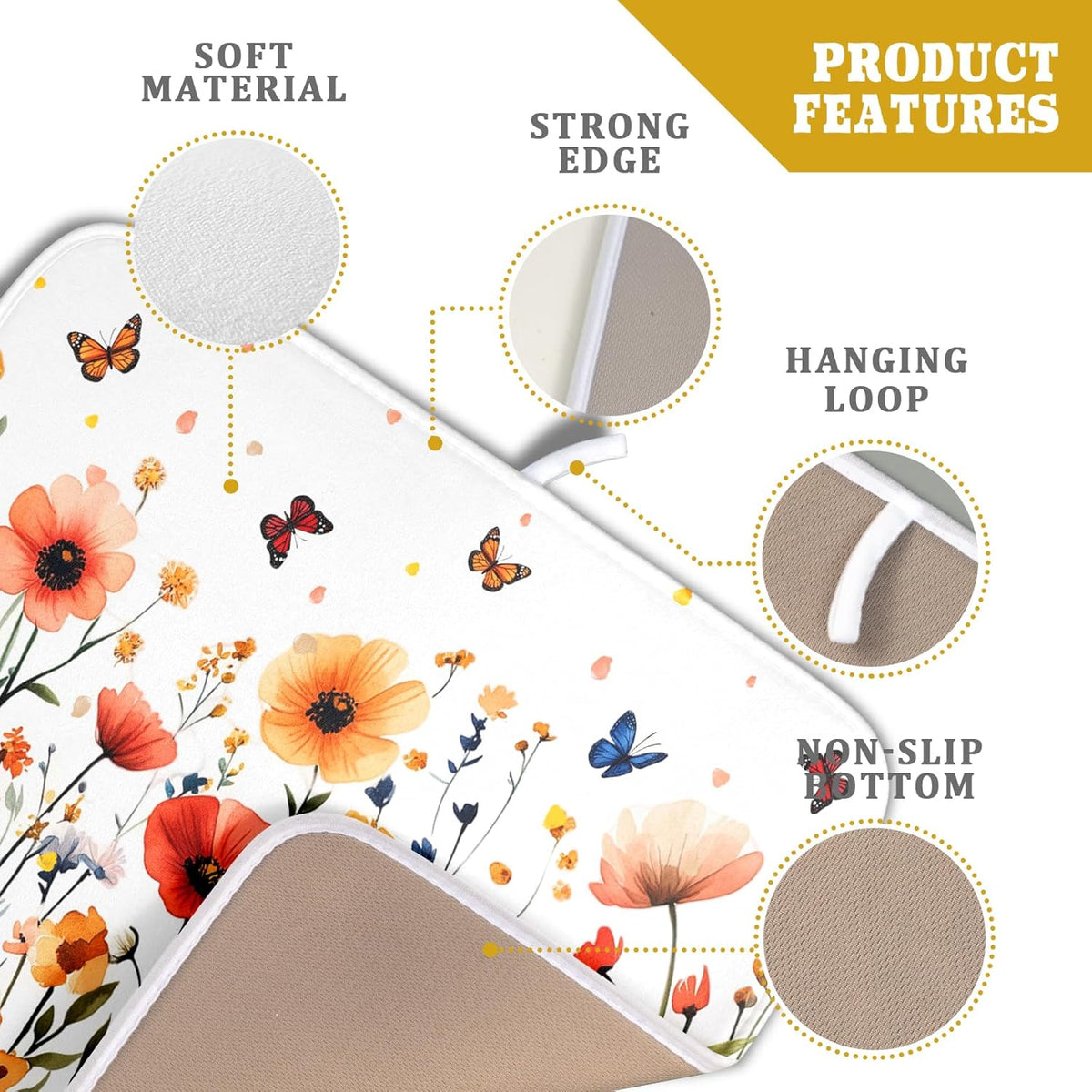 Poppy Flower Dish Drying Mat 16x18 Inch Floral Leaves Dish Drainer Protector Pad Washable Reversible Drying Pad for Kitchen Counter Sink
