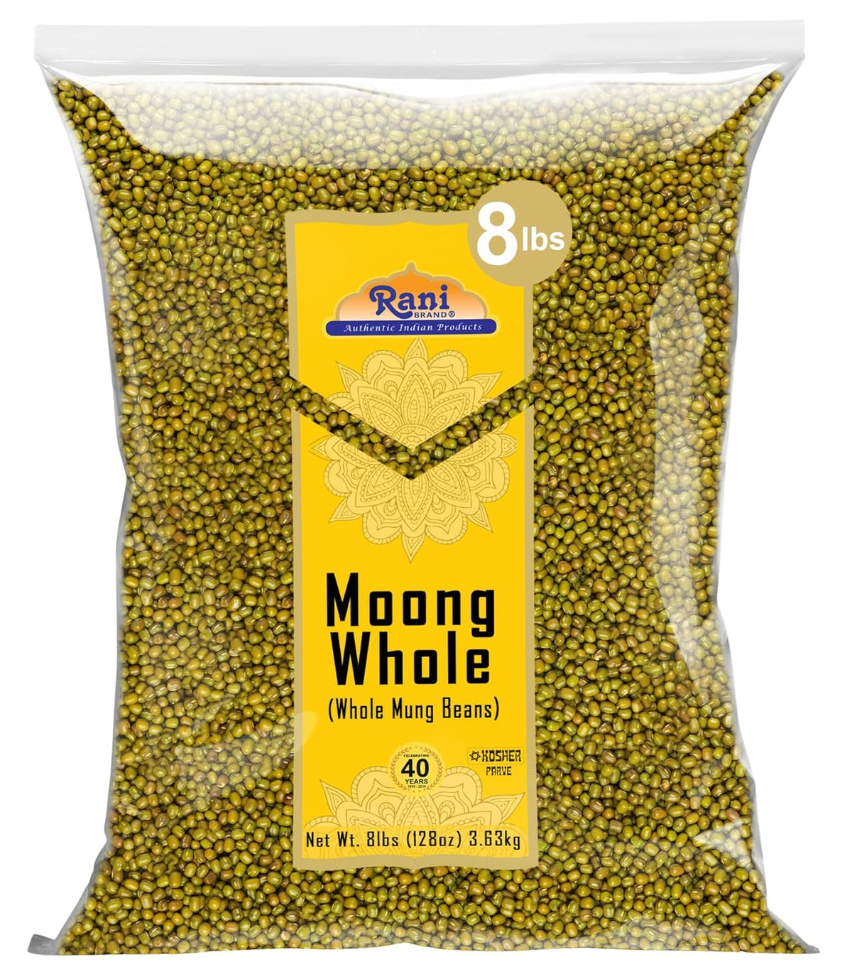 Rani Moong Whole (Ideal for cooking & sprouting, Whole Mung Beans with skin) Lentils Indian 128oz (8lbs) 3.63kg Bulk ~ All Natural | Gluten Friendly | Non-GMO | Kosher | Vegan | Indian Origin