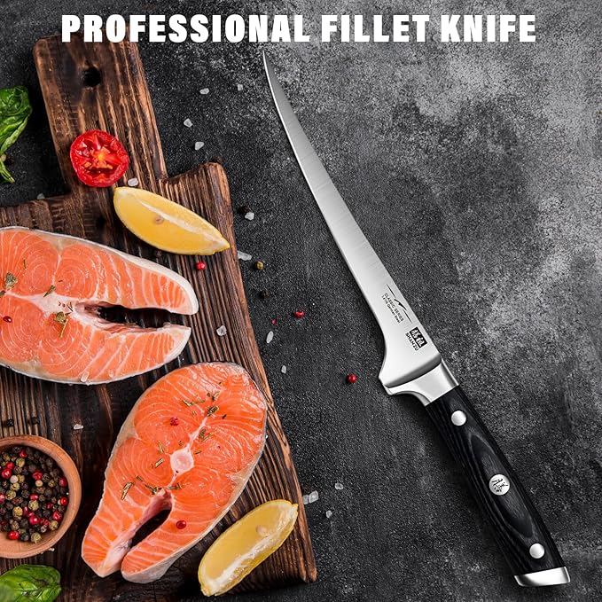 SHAN ZU Fillet Knife 7 Inch- Edge Deboning Fish and Meat Boning Knife, Professional Super Sharp Fish Knives Made of German Stainless Steel Boning Knives with Full Tang Handle