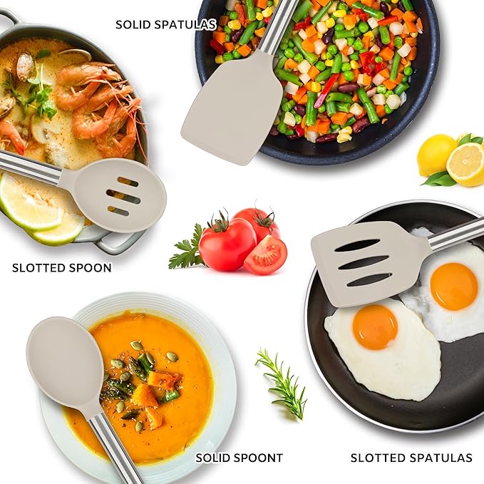 Kitchen Utensils Set of 4 Pack,Silicone Kitchen Utensils Set for Nonstick Cookware,Perfect for Baking and Mixing,Spatula Set BPA Free,Dishwasher Safe,Khaki