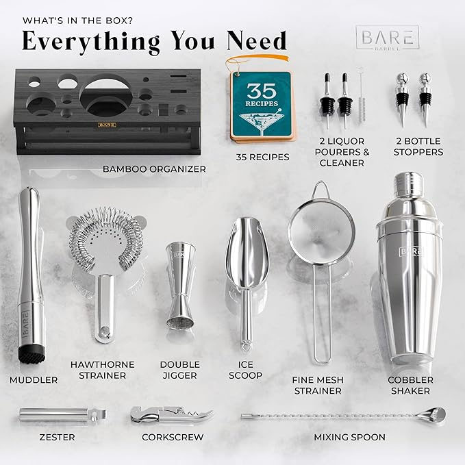BARE BARREL® Mixology Bartender Kit Bar Set | 16-Piece Cocktail Shaker Set | Martini Barware Mixing Tools for Home Bartending | Incl. 35 Recipe Cards | Gift Set (24oz Cobbler Shaker, Silver/Black)