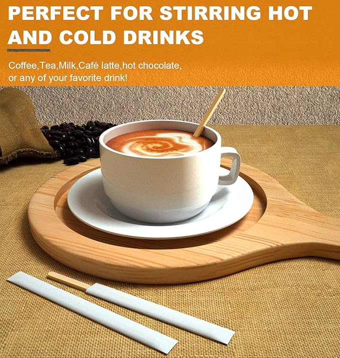 1000Pcs Disposable Wood Coffee Stir Sticks Stirrers Individually Paper Wrapped Coffee Tea Beverage Stirrers Stirrings 7.5 Inch,190mm