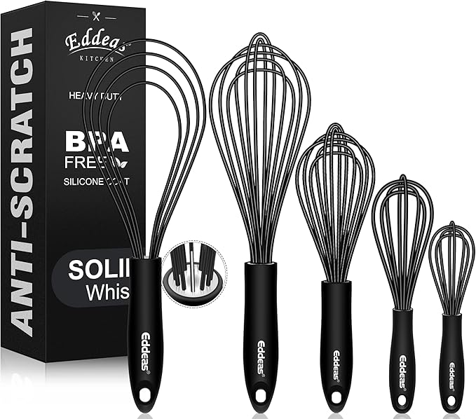 Silicone Whisk,Non Scratch Whisk for Cooking, 5+7+9+11in Balloon Whisks, Suitable for Mixing, Blending Whipping.11in Flat Whisks great for Ceramic Coated pans and Wider shallower pots.