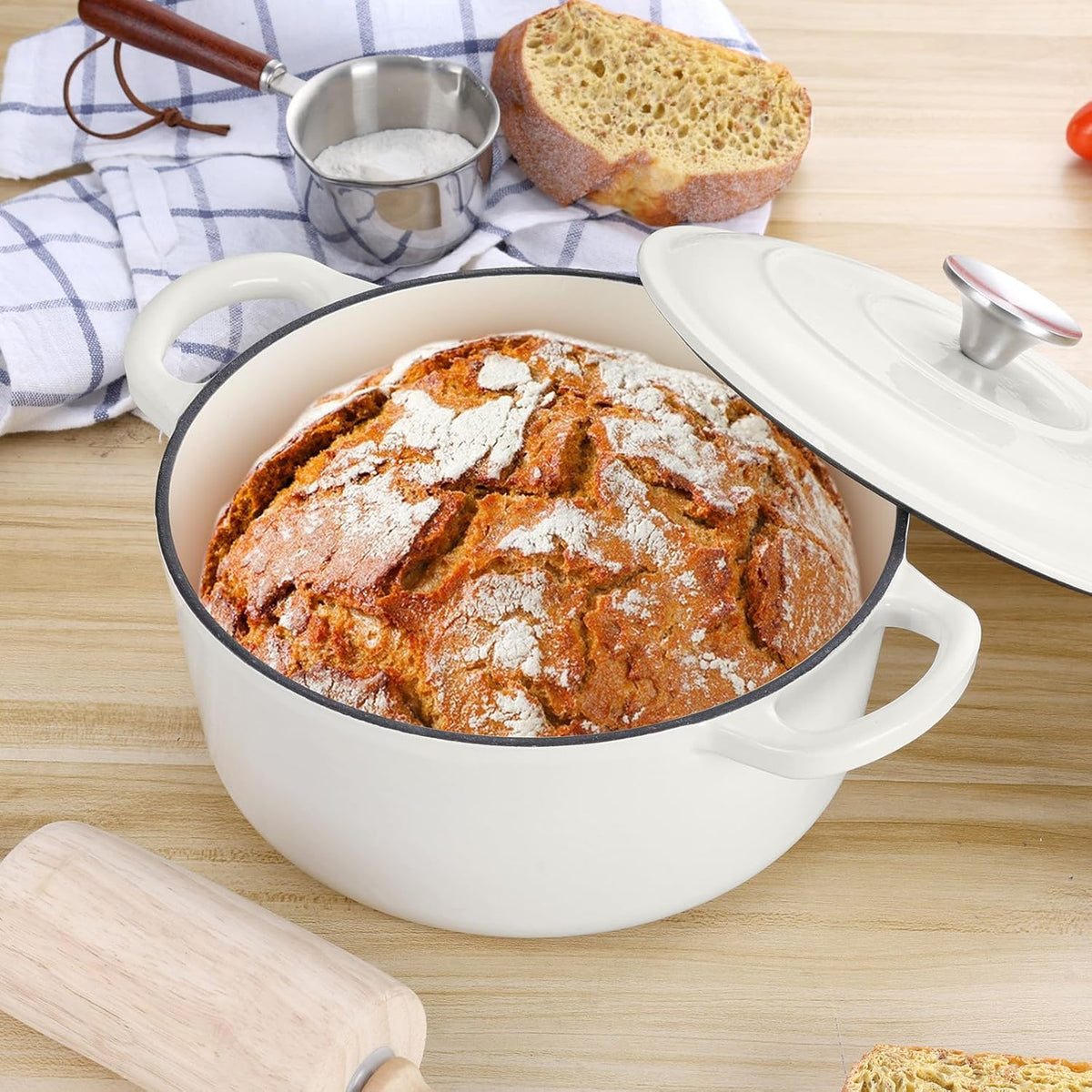 3 Qt Enameled Cast Iron Dutch Oven with Lid, E-far Small Round Nonstick Dutch Oven Pot for Bread Baking Braising Stews Roasting Cooking, Heavy Duty, Induction & Oven Safe - White