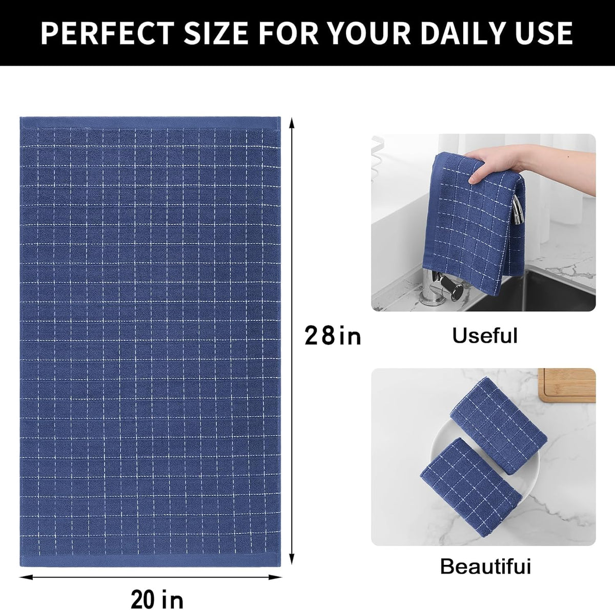 Homaxy 100% Cotton Terry Kitchen Towels(Navy Blue, 20 x 28 inches), Checkered Designed, Soft and Super Absorbent Dish Towels, Large 4 Pack