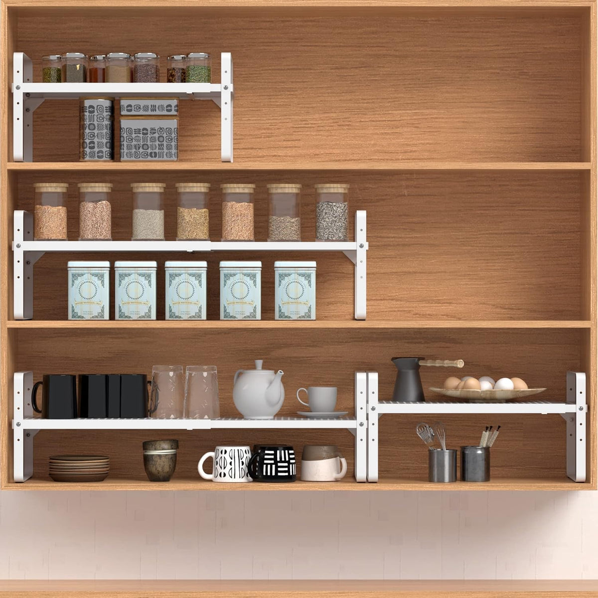 Expandable Cabinet Shelf Organizer Adjustable Metal Spice Rack Stackable Freestanding Counter Storage Shelves for Kitchen Cabinet Under Sink Office Desk (White - 1Pack - L16.5-27'' * W8'' * H9.6'')