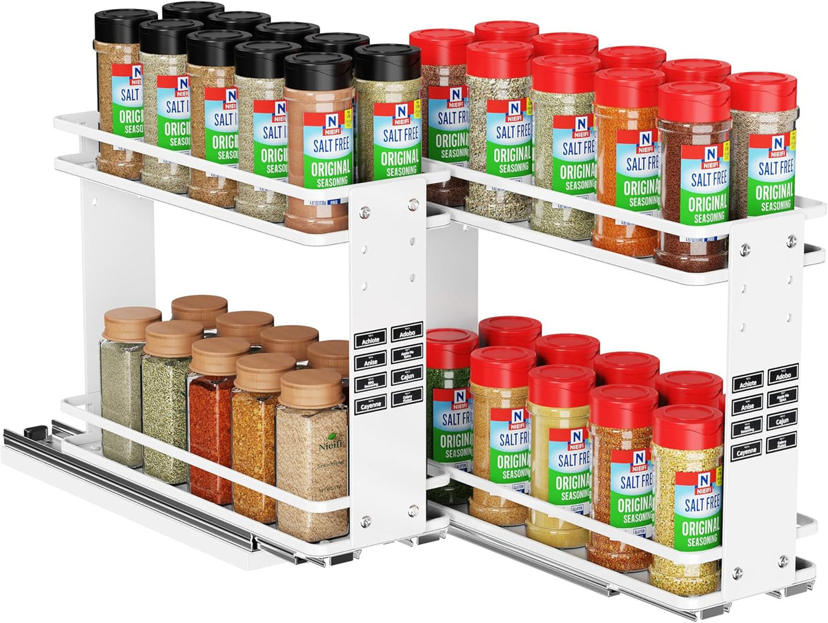 Nieifi Pull Out Spice Rack Organizer, 2 Tiers, White, Spice Organization for Cabinet, Height Adjustable, Easy to Install