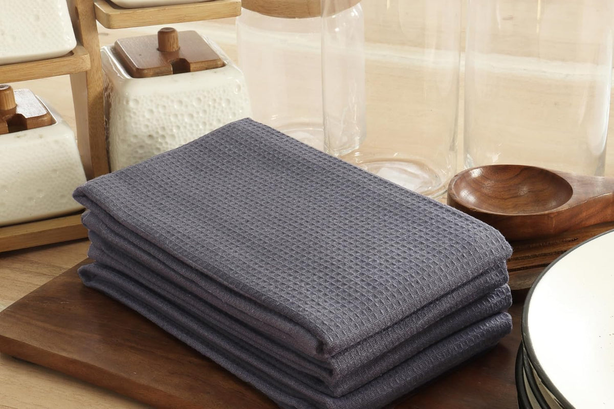 PurpleEssences Waffle Weave Kitchen Towel, 100% Cotton - 15 x 25 Inches, with Hanging Loop Ultra Soft Absorbent Quick Drying Dish Cloth, Tea and Hand Towels, 4 Pack - Spring Summer - Dark Grey