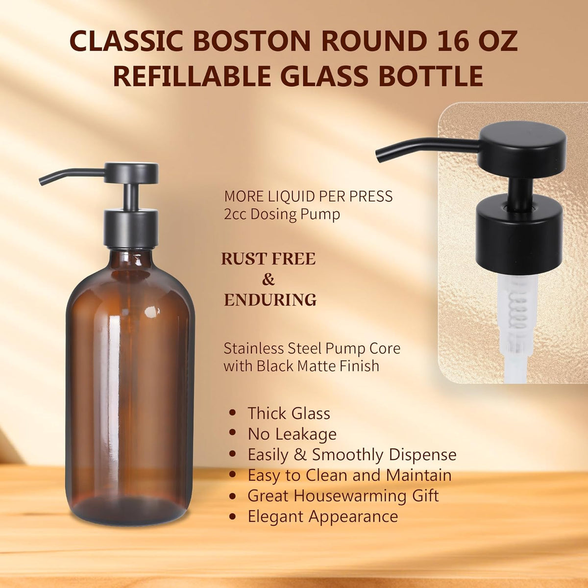 Set of 5 Kitchen Soap Dispenser Set 16 Oz Glass Hand Dish Soap Dispenser with Stainless Steel Pump, Cement Tray, Dish Scrub Brush for Farmhouse Rustic Home Bathroom Decor (Brown)