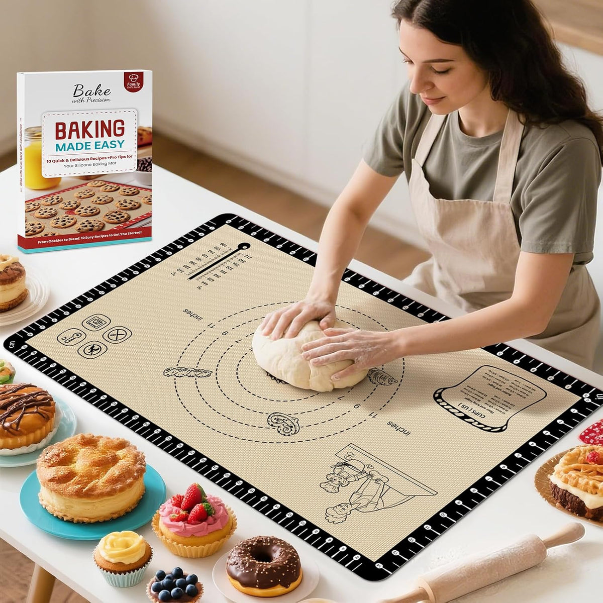 Silicone Baking Mat with 10 Recipes, Extra Thick Silicone Mats for Baking, Non Stick Pastry Mat,Reusable kneading Dough Rolling Mat for Cookie, Macaron, Bread, Pizza