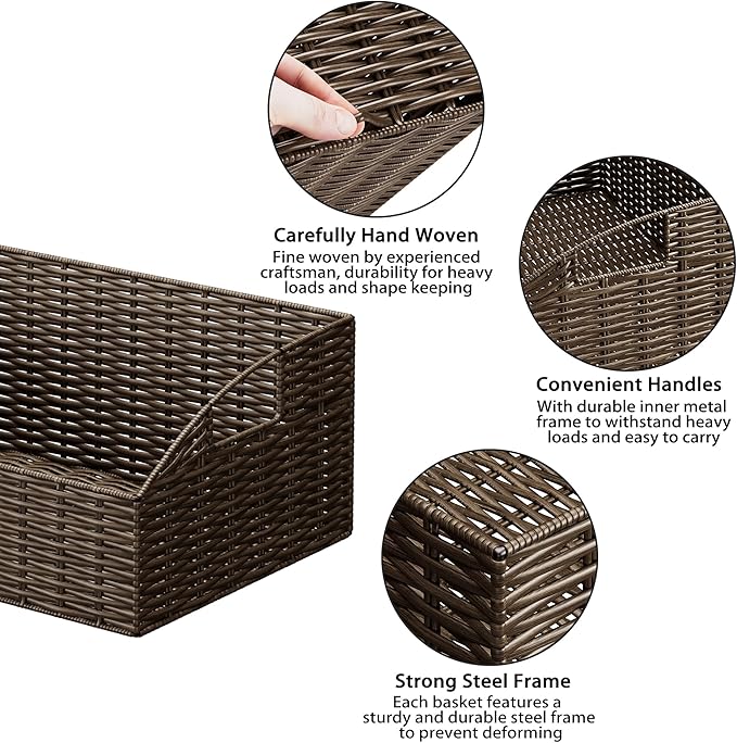 Ollieroo Rattan Storage Baskets, Handwoven Wicker Storage Bins with Built-in Handles, Storage Container Baskets for Shelves, Bedroom, Bathroom, Laundry Room or Kitchen(Brown)