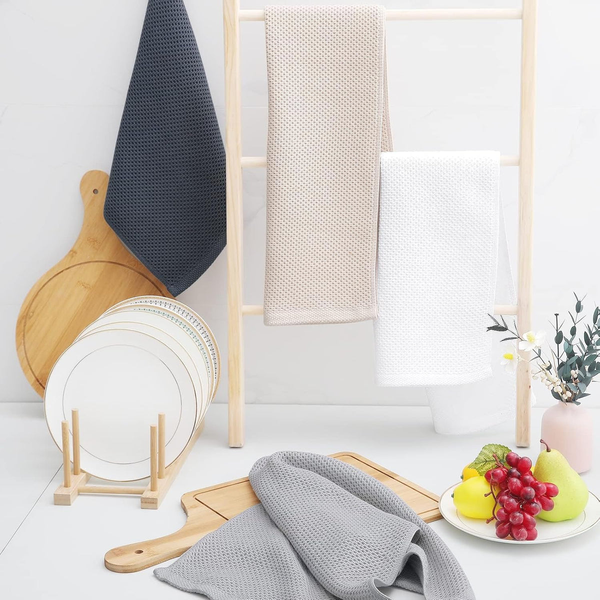Homaxy 100% Cotton Waffle Weave Kitchen Dish Towels, Ultra Soft Absorbent Quick Drying Cleaning Towel, 13 x 28 Inches, 8-Pack, White