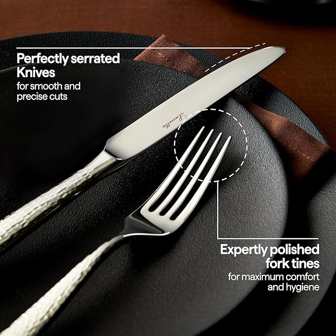 Luciella Ponza Flatware Set for 8, 45-Piece Stainless Steel Silverware Set with Serving Utensils, Timeless Hammered Design, Rust-Resistant, Mirror Polished & Dishwasher Safe