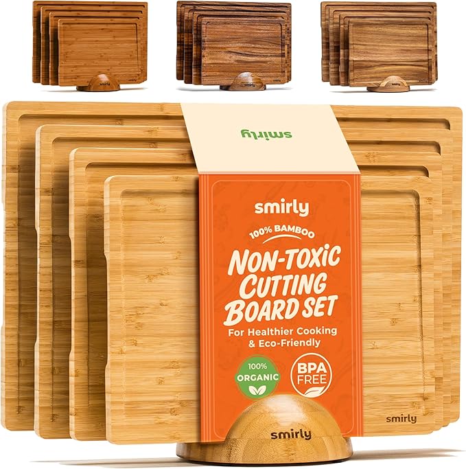 SMIRLY Bamboo Wooden Cutting Boards for Kitchen, Set of 4 Large - Small with Holder, Bamboo Wood Cutting Board Set with Deep Juice Grooves, Non Toxic Serving Tray, Gifts for Women