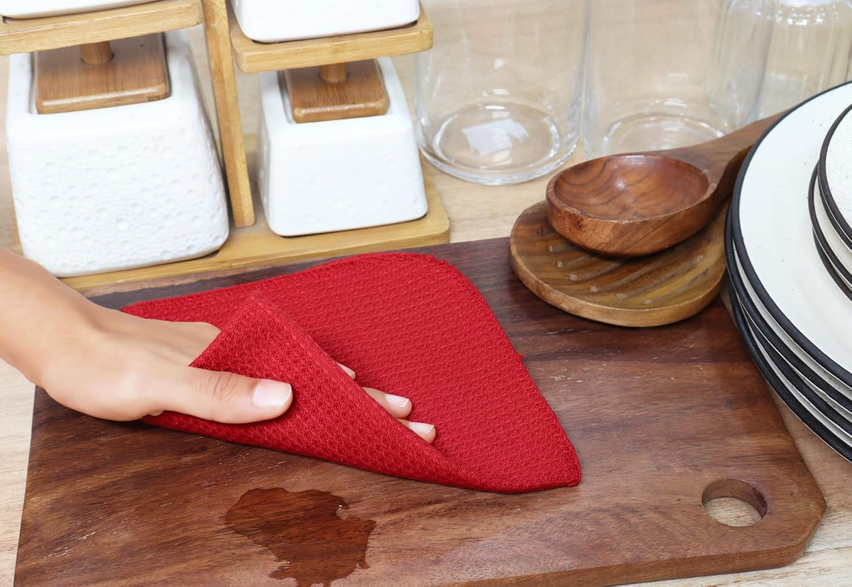 PurpleEssences Dish Cloths and Dish Rags - 6 Pack Waffle Weave Solid Kitchen Dish Wash Cloths, 100% Cotton, 12 x 12 Inches, Ultra Soft Absorbent Quick Drying - Red