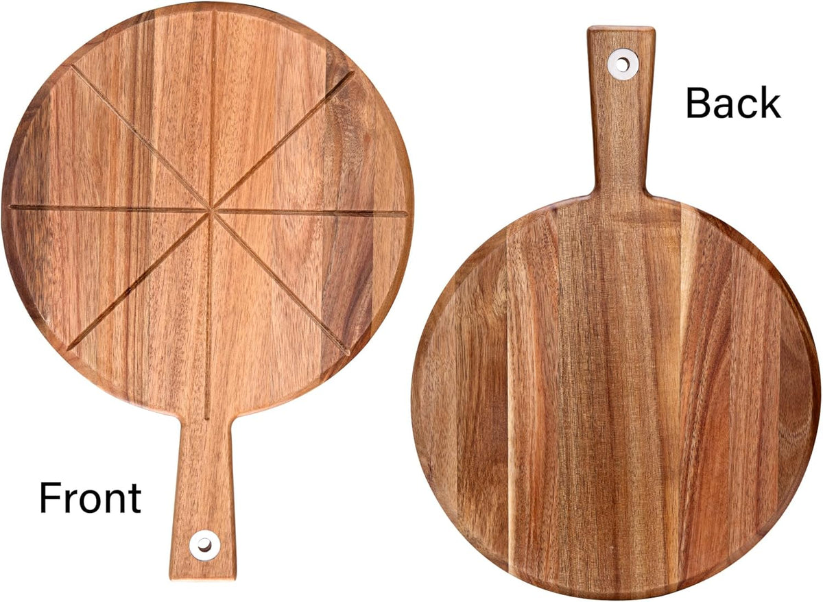 Acacia Wood Pizza Peel, 12 inch Pizza Cutting Board Set with Pizza Cutter and Server, Wooden Pizza Paddle Pizza Chopping Board with Handle for Homemade Pizza, Baking, Cutting Vegetable, Cheese