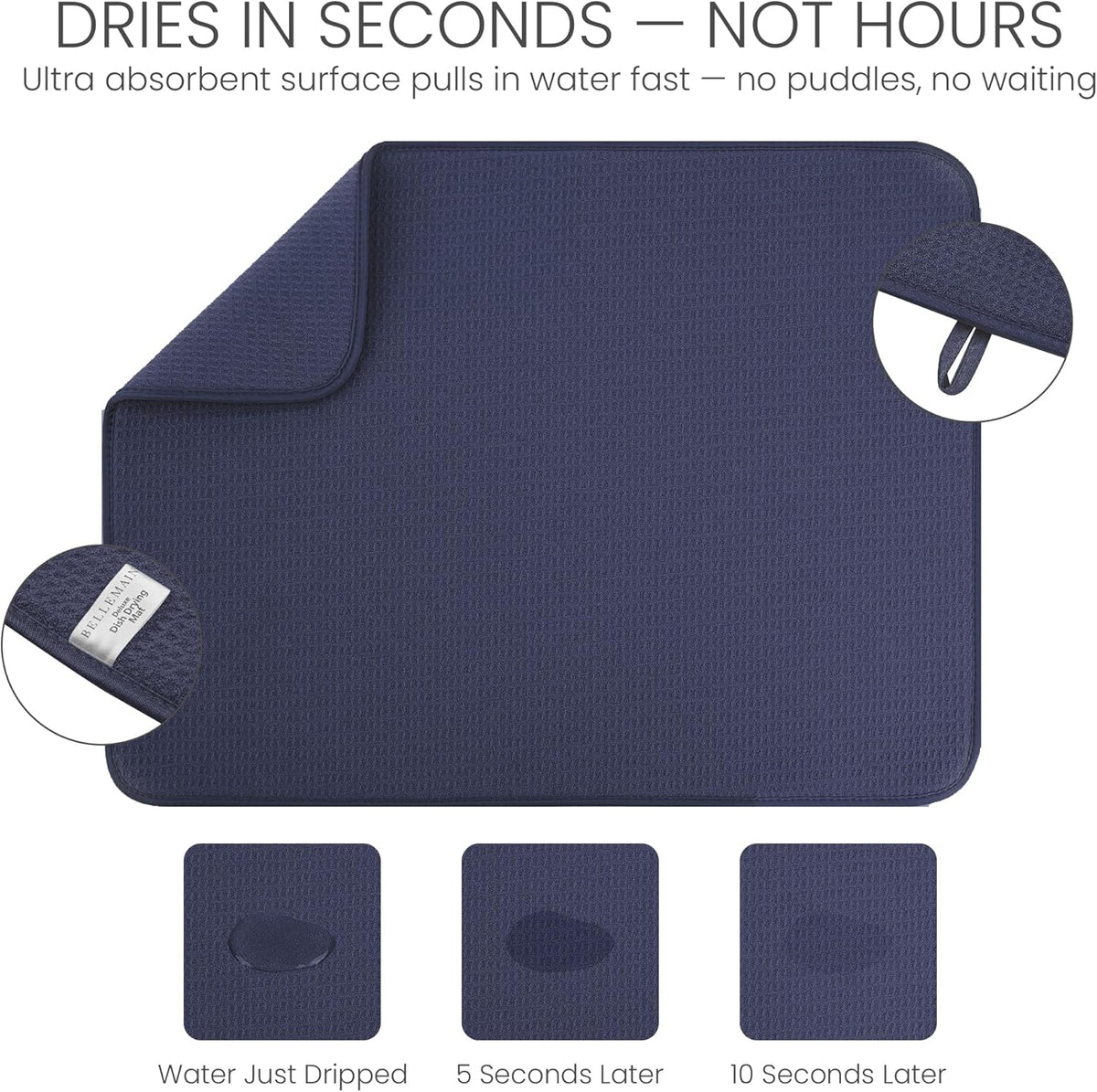 Bellemain XXL Dish Mat Microfiber Dish Drying Mat, Super absorbent (Navy, 17" x 24")