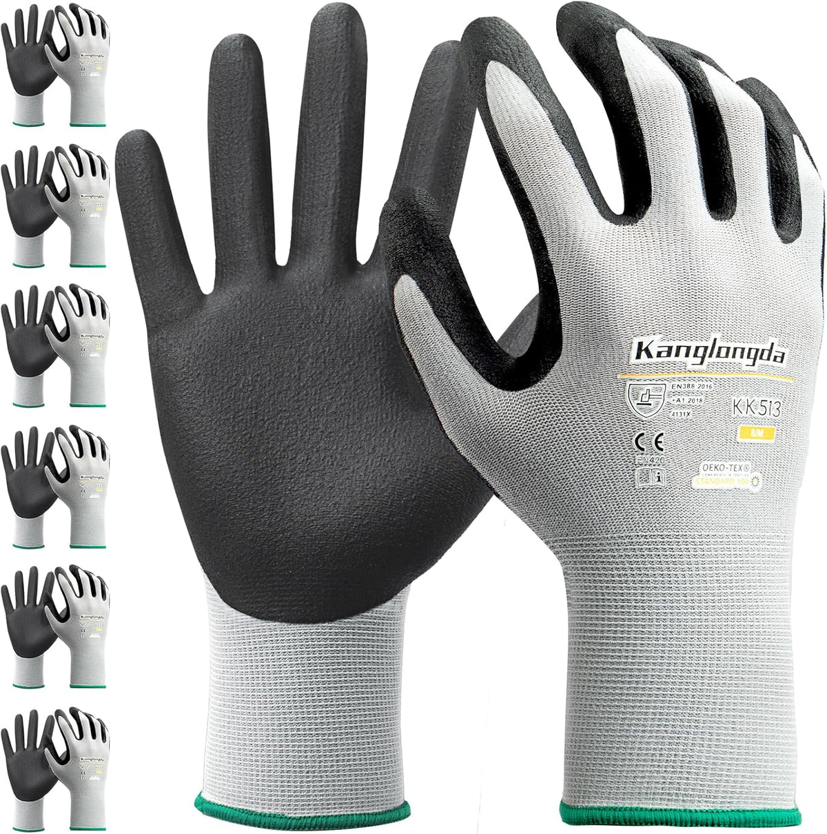 6-Paris Medium Work Gloves for Men and Women, Nitrile Coated Safety Protective Gloves with Grip, Ideal for Gardening, Warehouse, Mechanic, Light Duty Construction Work