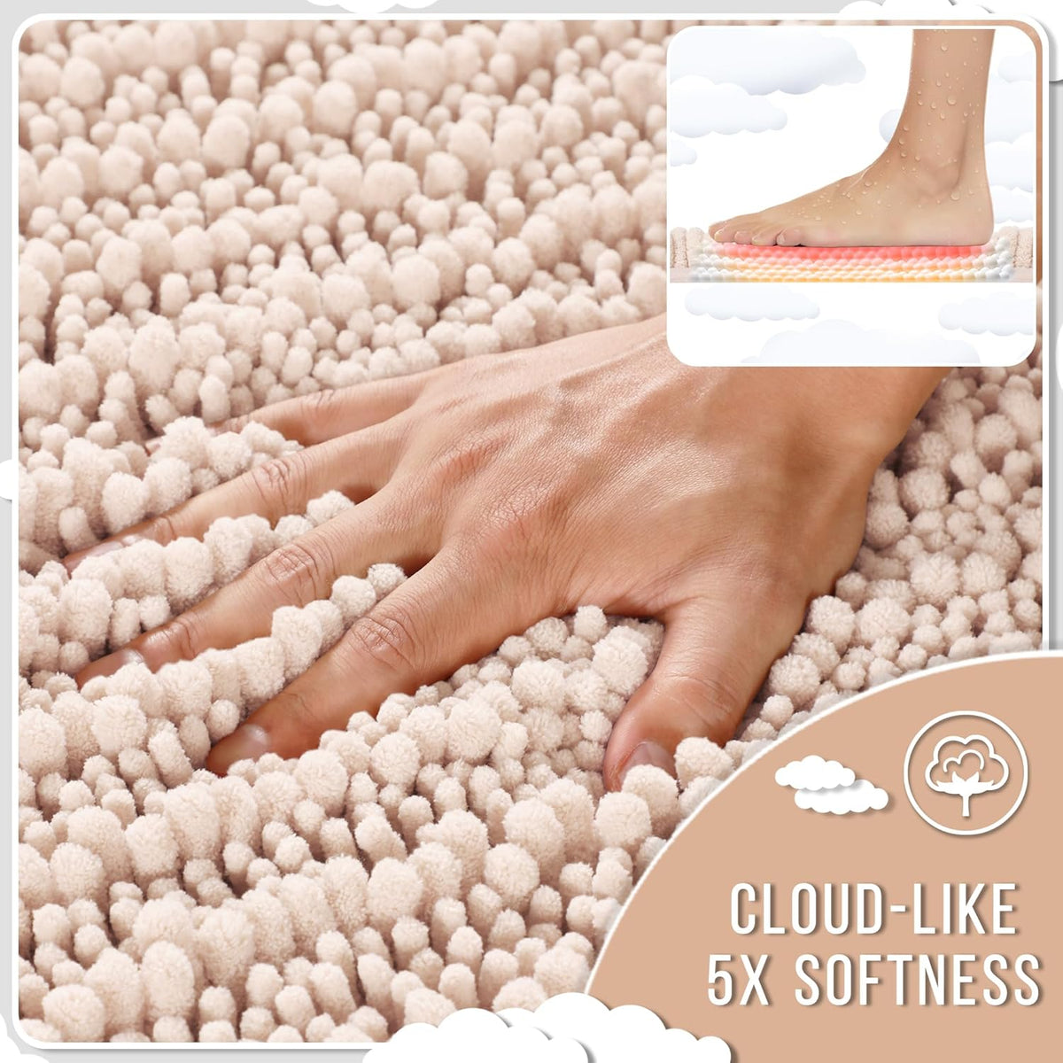 Yimobra Bathroom Rugs Non Slip Washable 24x17 Inch - Ultra Soft Absorbent Chenille Bath Mat, Quick Dry Shaggy Floor Carpet for Tub Shower, Pinkish Beige Home Decor Accessories