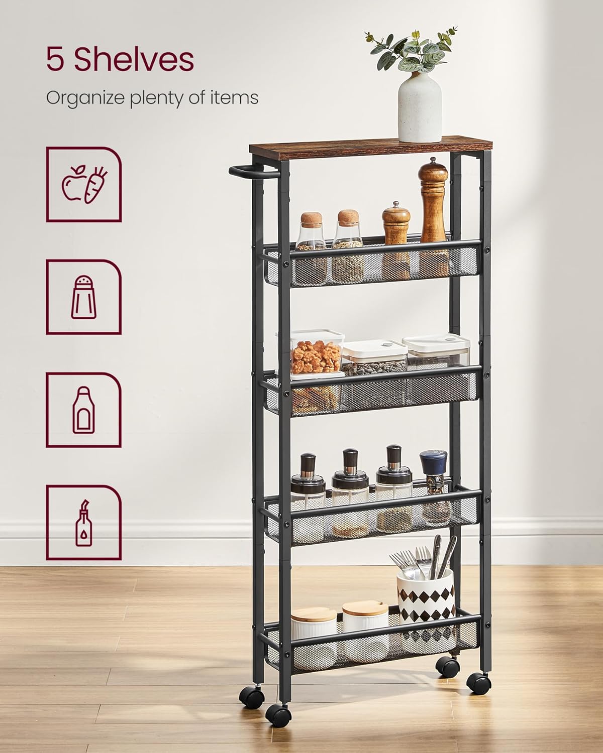 VASAGLE Slim Rolling Cart, 5-Tier Storage Cart, Narrow Carts with Handle, 5.1 Inches Deep, Metal Frame, for Kitchen, Dining Room, Living Room, Home Office, Rustic Brown and Classic Black ULRC034B01