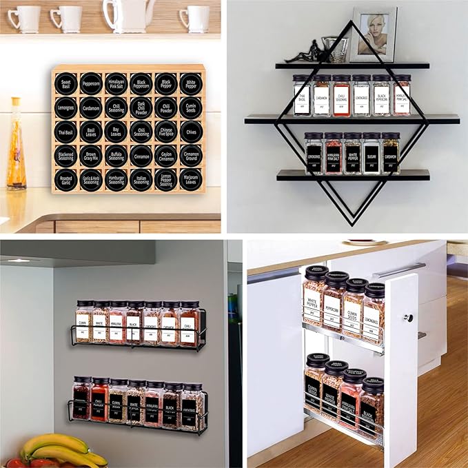 Churboro 66 Spice Jars with 547 Labels- Glass Spice Jars with Black Metal Caps, 4oz Empty Spice Containers with Shaker Lids, Funnel, Chalk Pen, Square Seasoning Bottles for Spice Rack, Drawer, Cabinet