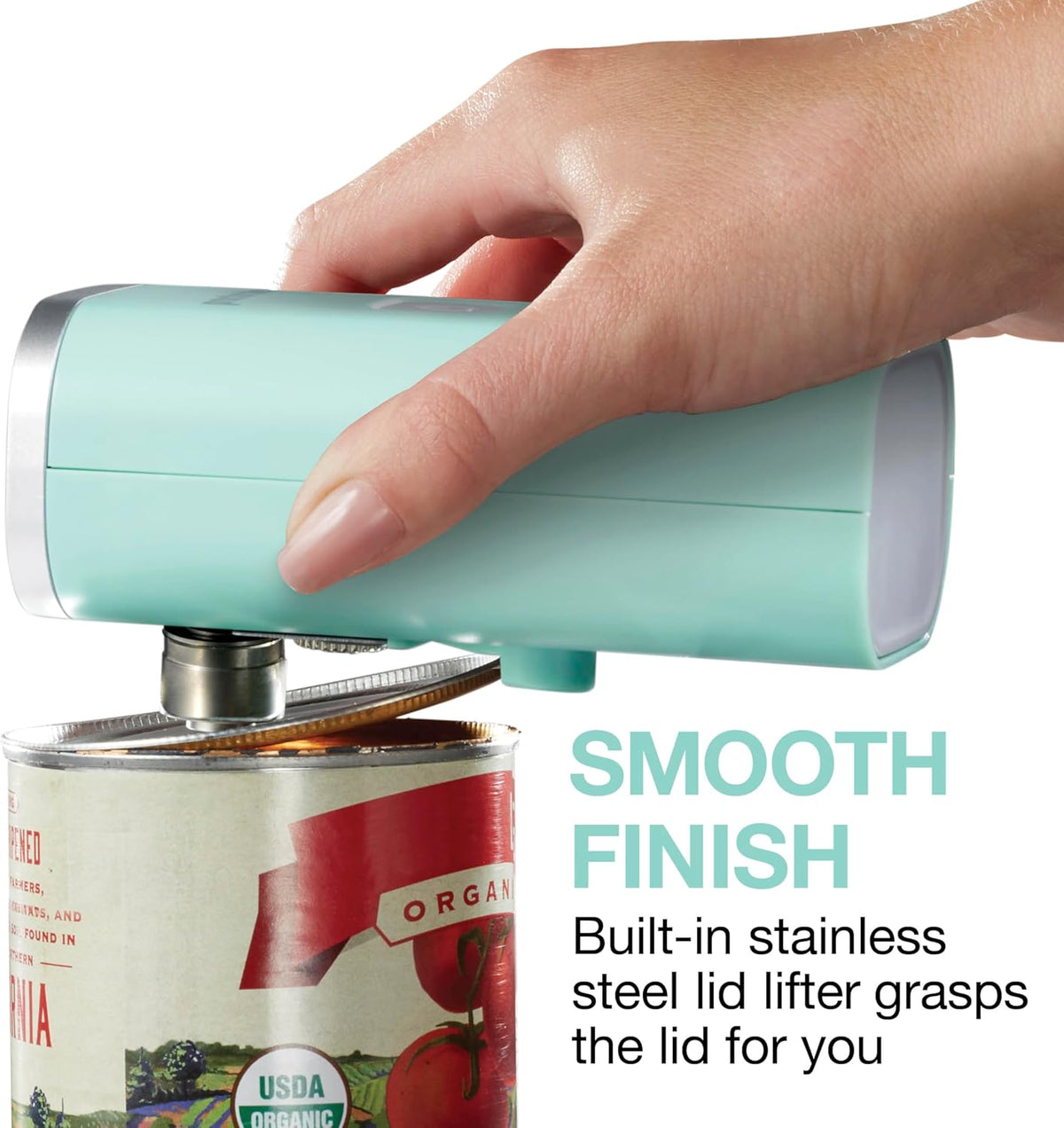 Proctor Silex Automatic Electric Can Opener, Hands Free Cordless Operation & USB Rechargeable, Self-Aligning, Cut Smooth Touch Lid Edges, Compact and Easy to Store, Mint