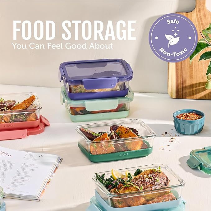 Ello Duraglass Refresh 3.4 Cup Meal Prep Sets 10Pc, 5 Pack Set- Glass Food Storage Container with Silicone Boot and Airtight BPA-Free Plastic Lids, Dishwasher, Microwave and Freezer Safe,Everest