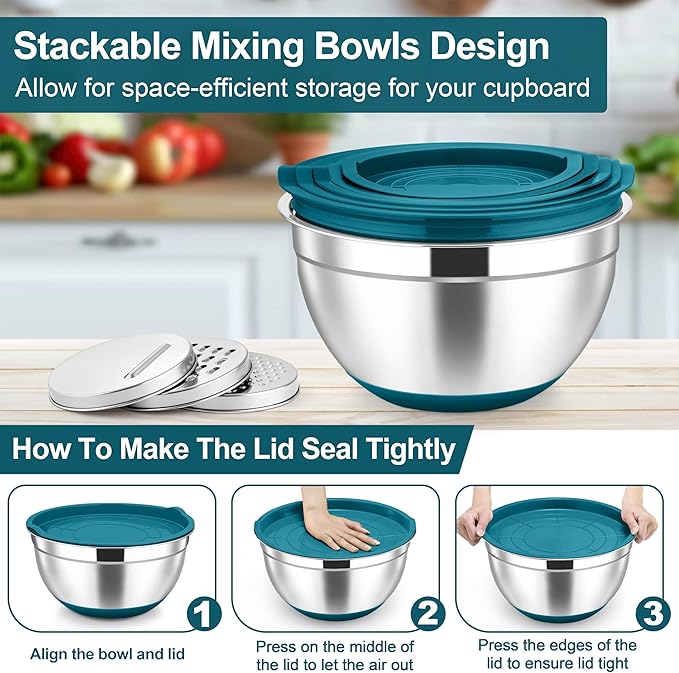 TeamFar Mixing Bowls, 6 PCS Stainless Steel Nesting Salad Bowl with Lids & 3 Graters, For Kitchen Cooking Serving Prepping, Airtight & Non-Slip, Size 4.6/3.5/2/1.5/1/0.7 QT, Blue