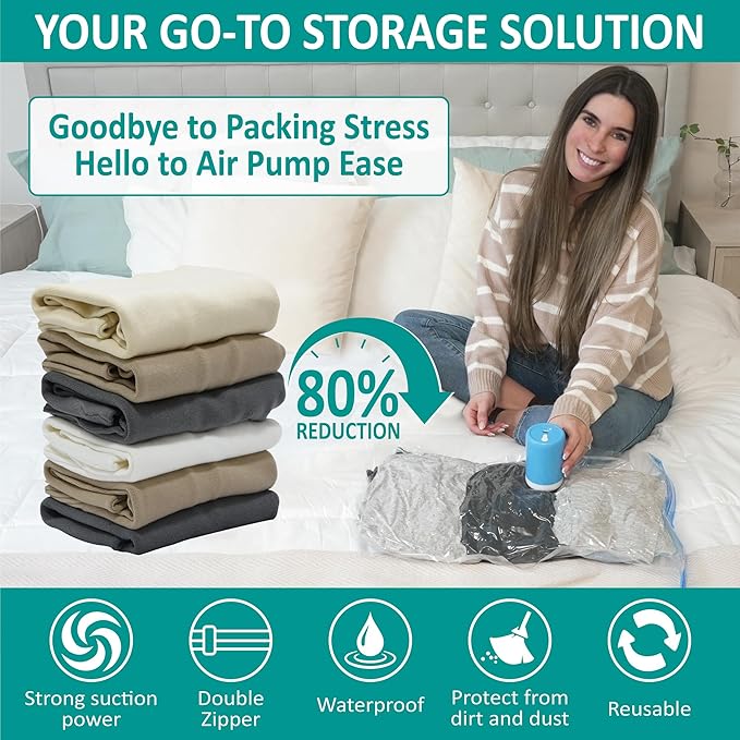 Cozy Essential 30 Pack Vacuum Storage Bags with Portable Electric Pump, Vacuum Seal Space Saver Bags for Clothing, Pillows, Blanket, Bedding, Comforter