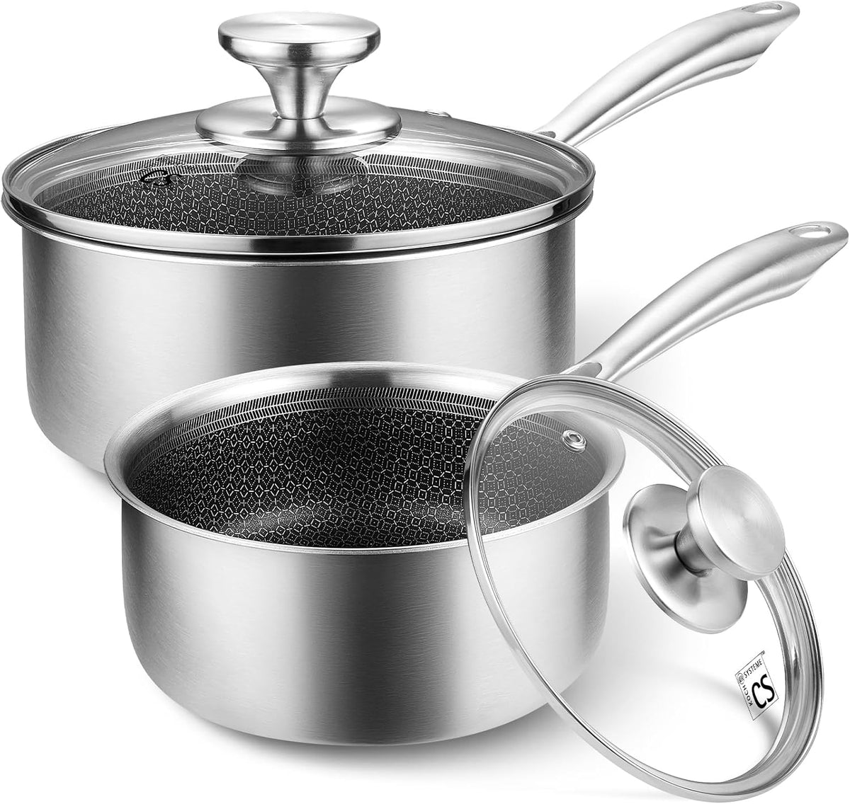 KOCH SYSTEME CS Hybrid Nonstick Stainless Steel Saucepan Set, 1QT & 2QT Triply Stainless Steel Saucepan Set with Hybrid Nonstick Honeycomb Interior, 4-Piece Sauce Pans, Induction Steel Pot Set