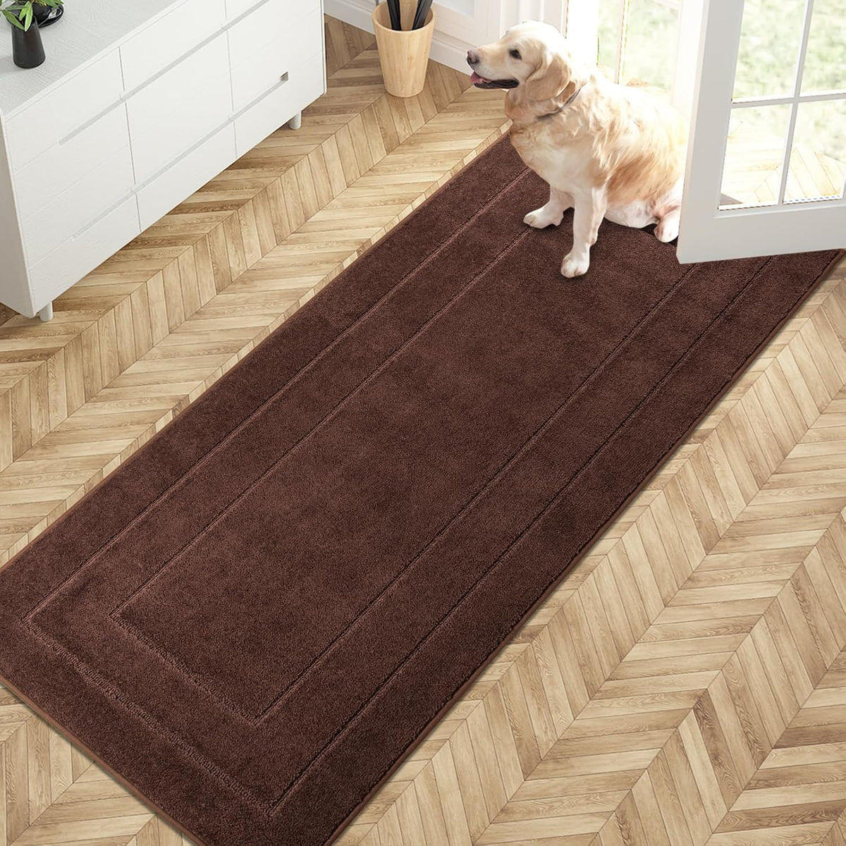 PURRUGS Dirt Trapping Door Mat 32" x 70", Non-Slip/Skid Machine Washable Entryway Rug, Dog Doormat, Super Absorbent Welcome Mat for Muddy Wet Shoes and Paws, Brown