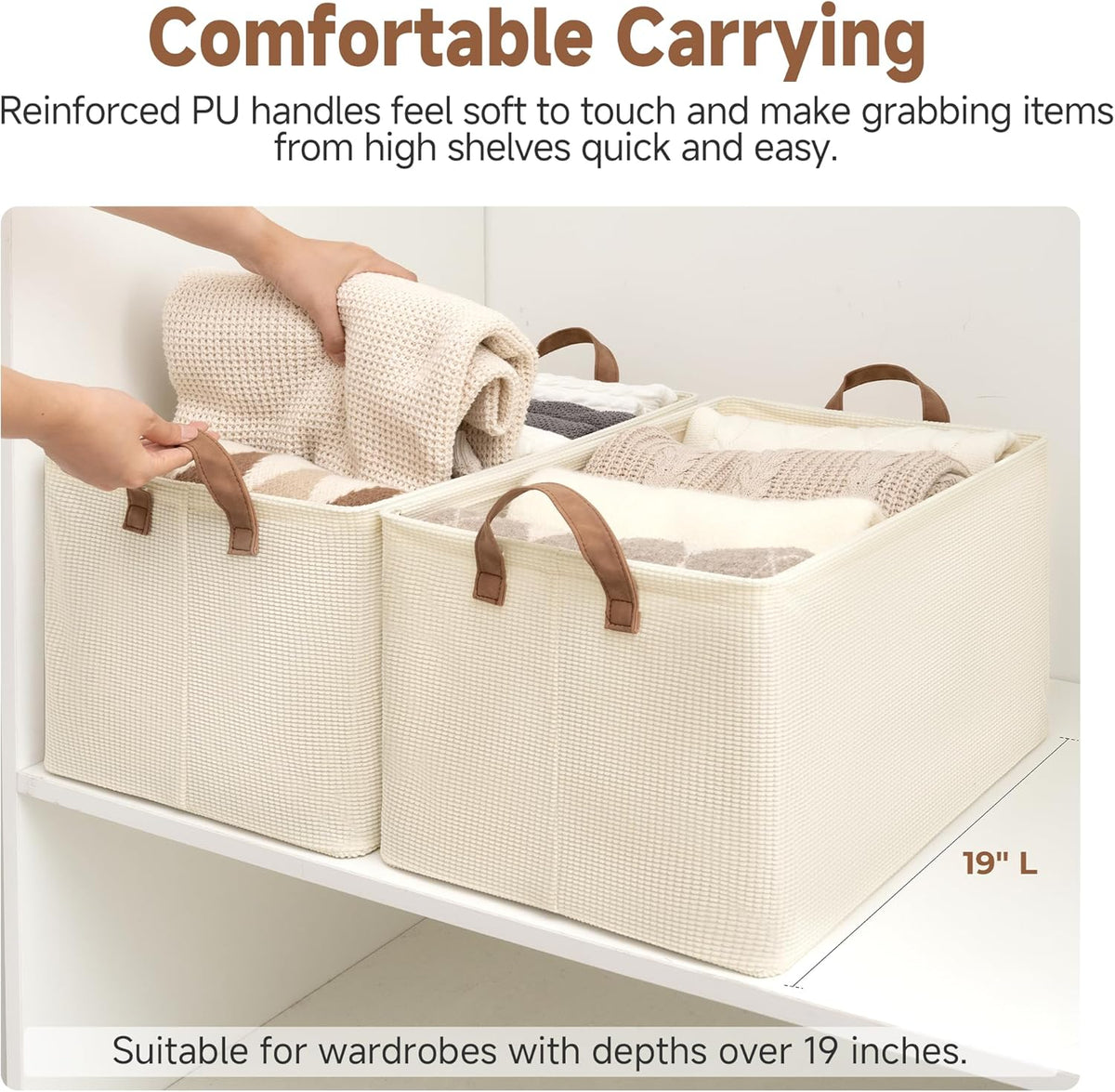 StorageWorks Storage Bins, Shelves Baskets for Organizing, 45L Extra Large Fabric Closet Organizers with Handles, Metal Frame, Beige（Texture）, 2-Pack