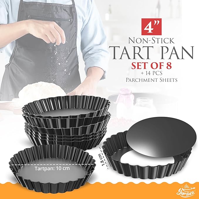 4 Inch Round Tart Pan 8 Pieces, False Bottom Pie Pan, Deep Fluted Tart and Quiche Pan with Removable Bottom - Non-Stick Tart Pan
