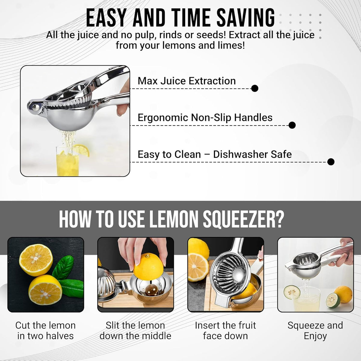 Handheld Lemon Squeezer Stainless Steel – Heavy Duty Manual Citrus Juicer for Lemon, Lime & Small Oranges – Rustproof Lemon Lime Squeezer Stainless Steel with Polished Finish & Ergonomic Grip