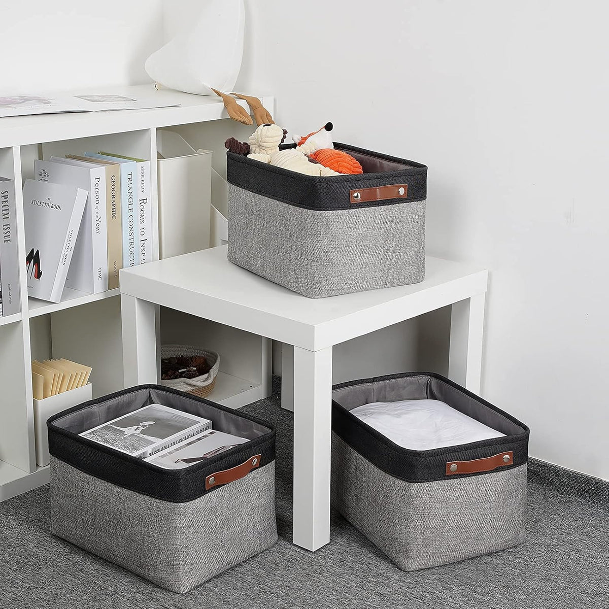 DULLEMELO Fabric Baskets for Storage, Rectangular Fabric Storage Bins Collapsible, Perfect for Shelves, Closets, Nursery, Empty Gift Baskets (3-Pack Medium-15 inch X 11 inch X 9.5 inch , Black&Grey)
