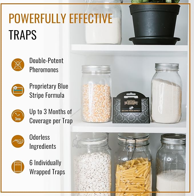 Dr. Killigan's Premium Double Potent Pantry Moth Traps with Pheromones Prime, Sticky Indian Meal Moth Traps for Kitchen, How to Get Rid of Moths in House (6 Pack, Black)