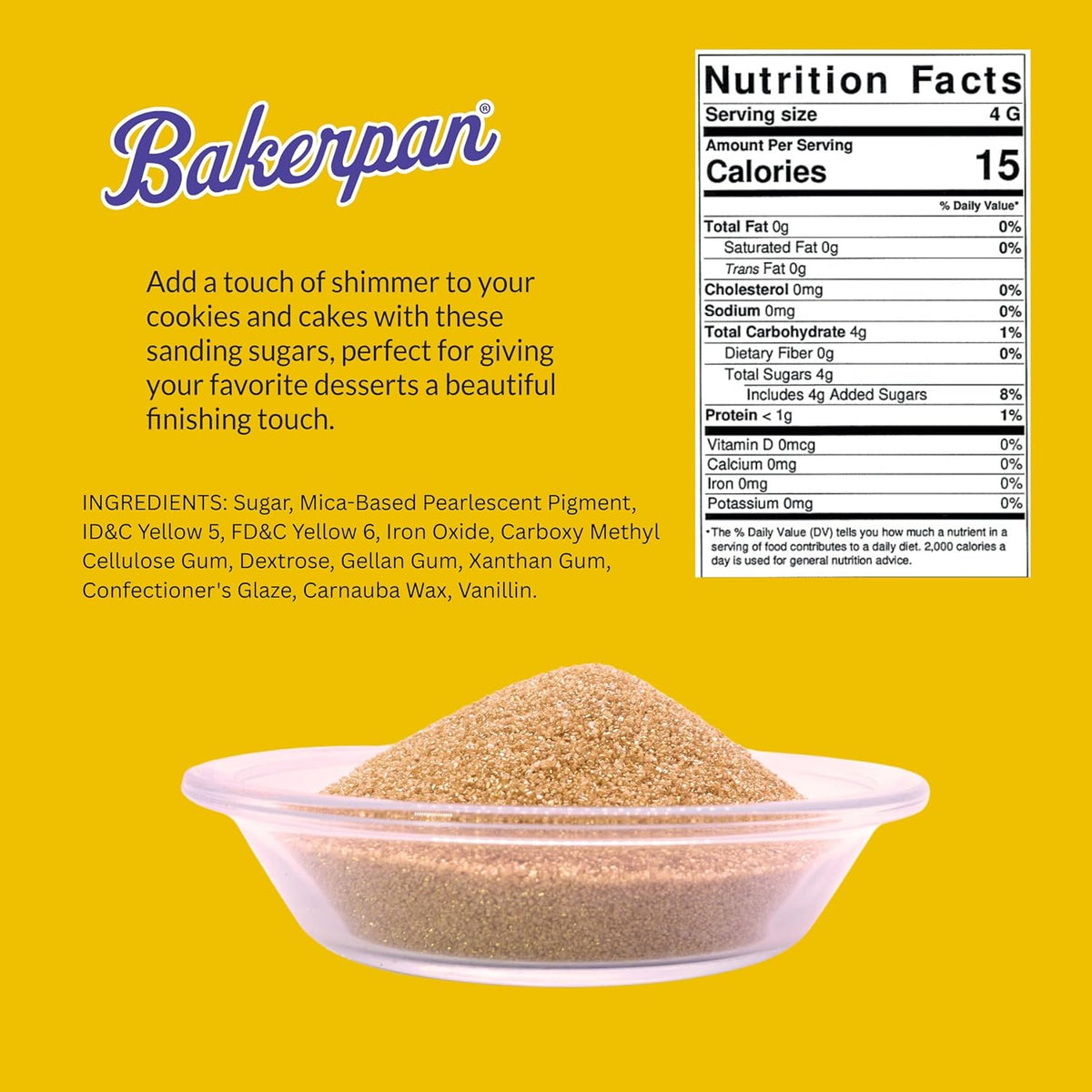 Bakerpan Gold Sanding Sugar for Baking & Cookie Decorating - 5 Ounce Edible Gold Sugar Sprinkles for Cookies, Cakes, Cocktails (Made In USA)