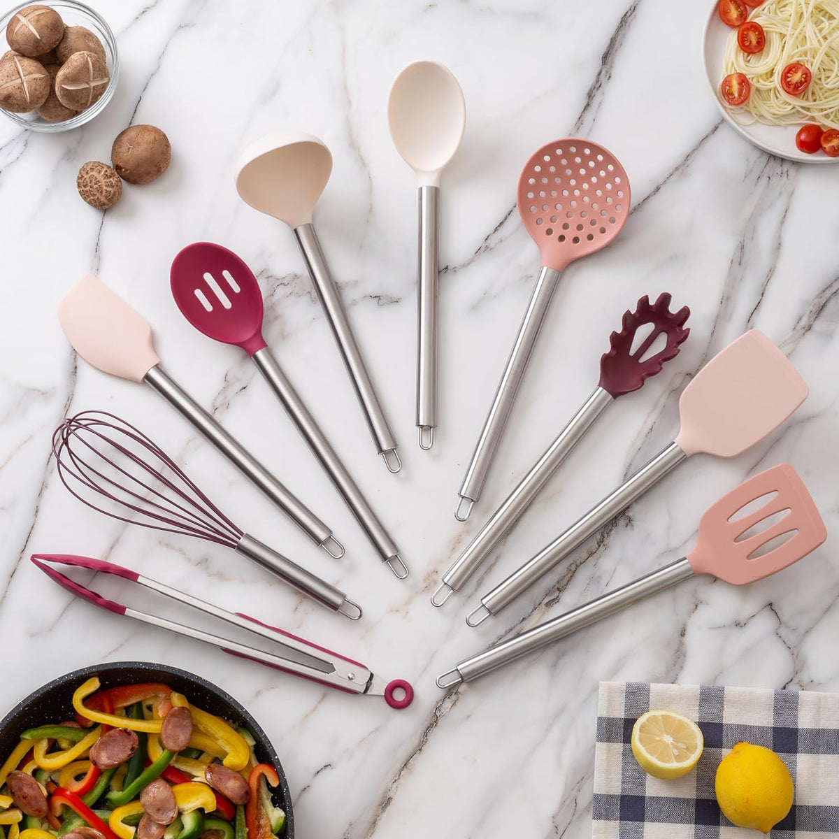 COOK WITH COLOR Silicone Cooking Utensils, Kitchen Utensil Set, Easy to Clean Silicone Kitchen Utensils, Cooking Utensils for Nonstick Cookware, Kitchen Gadgets Set, 10 Pieces, Rose