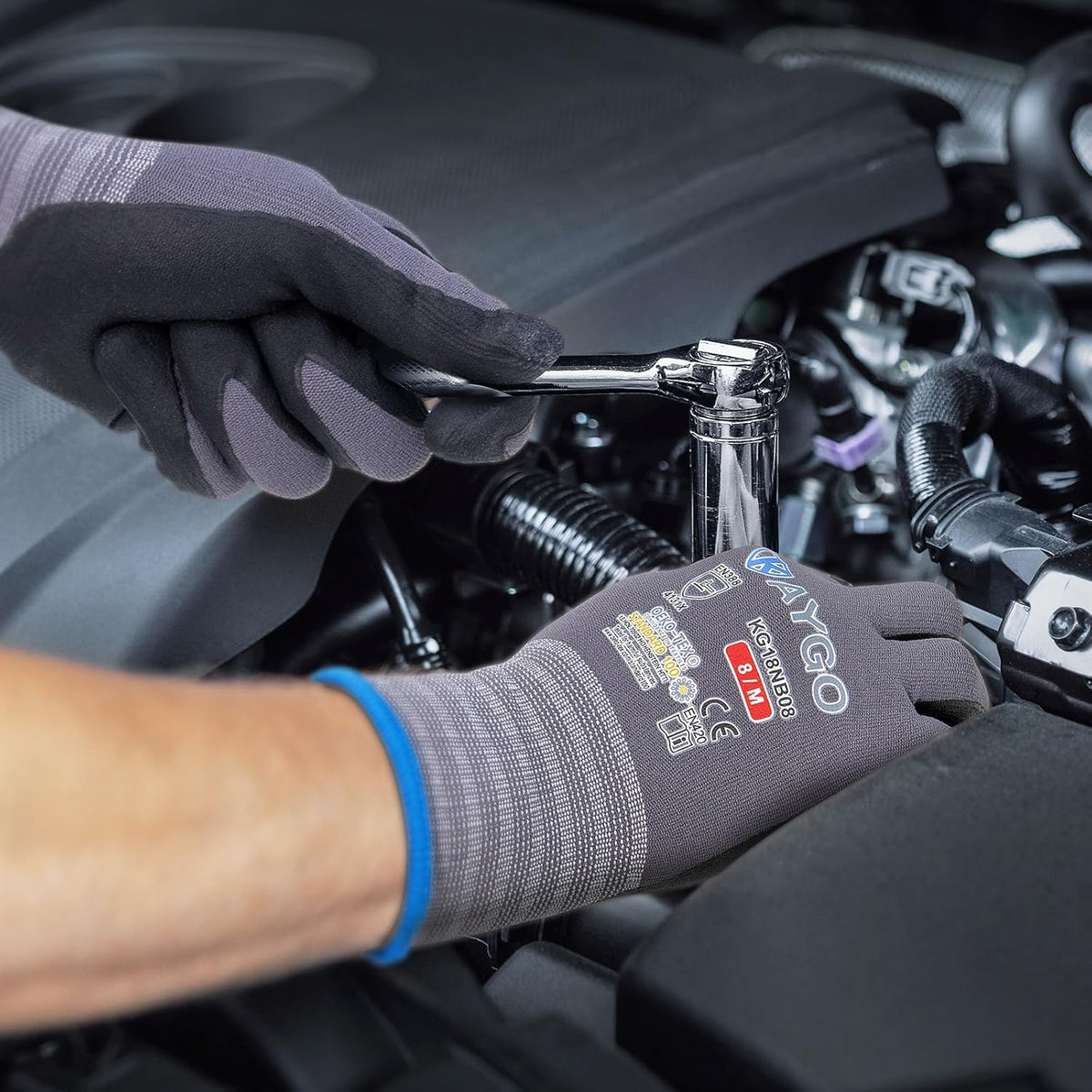 KAYGO Safety Work Gloves MicroFoam Nitrile Coated-3 Pairs, KG18NB,Seamless Knit Nylon Glove with Black Micro-Foam Nitrile Grip,Ideal for General Purpose,Automotive,Home Improvement,Red X-large