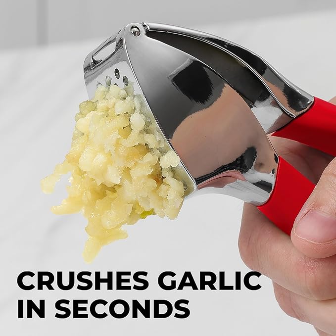 Zulay Kitchen Comfort Grip Garlic Press - Garlic Mincer Tool - Garlic Crusher - Garlic Press Mincer Rust Proof, with Soft Ergonomic Handle, Easy Clean Set with Peeler and Brush - Red