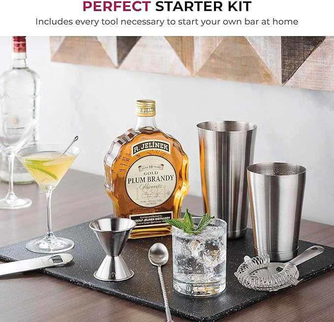 Expert Cocktail Shaker Home Bar Set - 14 Piece Stainless Steel Bar Tools Kit with Shaking Tins, Flat Bottle Opener, Double Bar Jigger, Hawthorne Strainer, Shot Glasses, Bar Spoon, and 6 Pour Spouts.