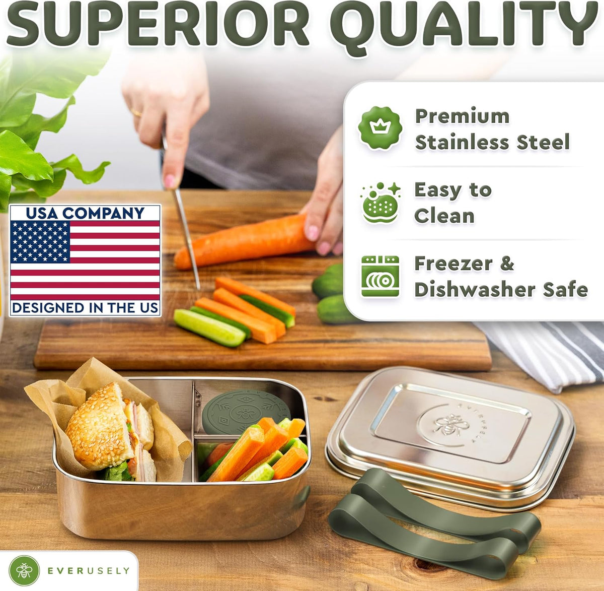 Everusely - Bento Box - Sage, 37oz / 1.1 L - Stainless Steel Lunch Box with Leakproof Condiment Container - 3 Compartment Snack Organizer for On the Go Meals - Freezer & Dishwasher Safe