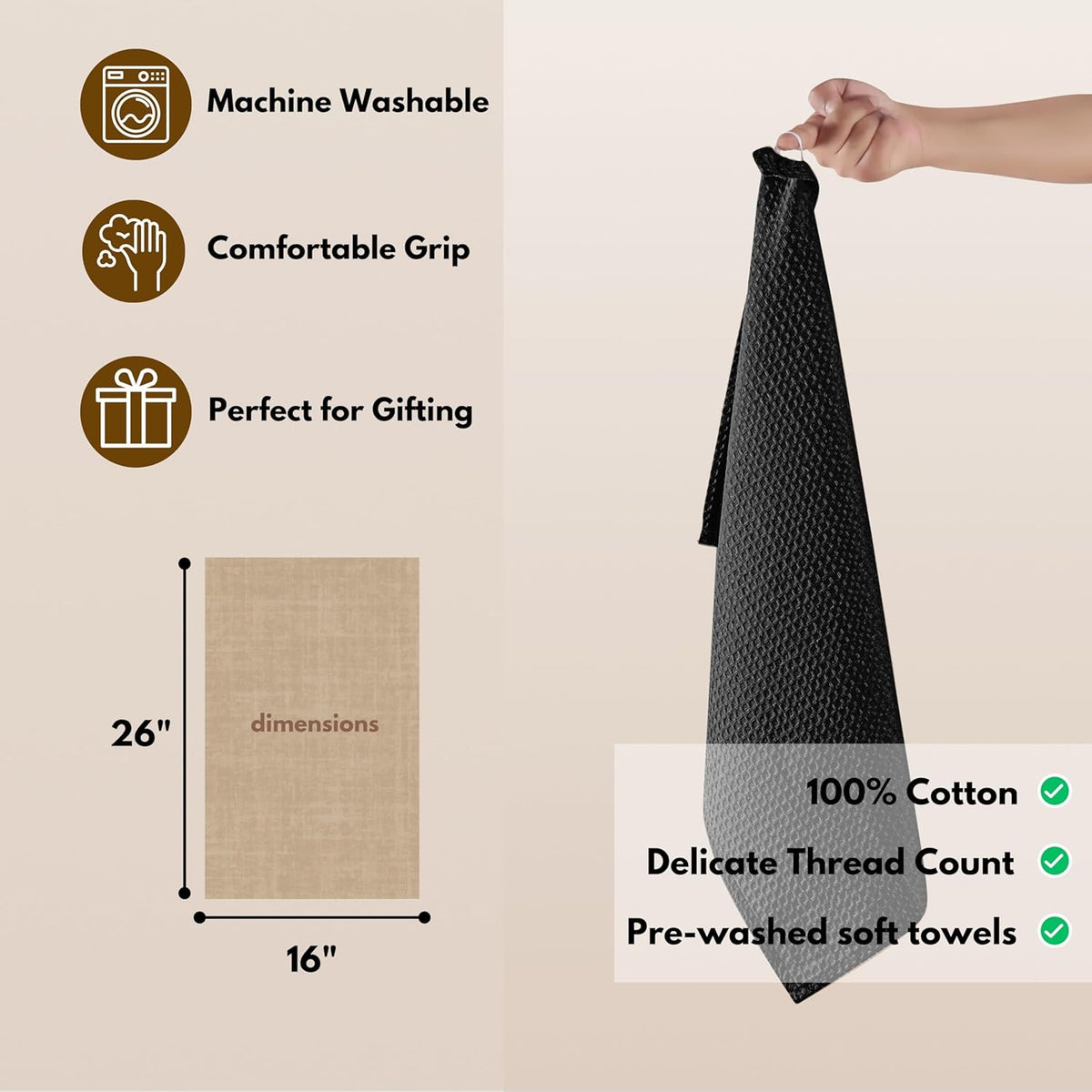 Native Fab Cotton Kitchen Towel with Hanging Loop 16x26 inches, 6-Pack, Waffle Weave Kitchen Towels for Cleaning Drying, Washcloths Soft & Absorbent Cloth Rags, Bar Towel, Dish Cloth, Black