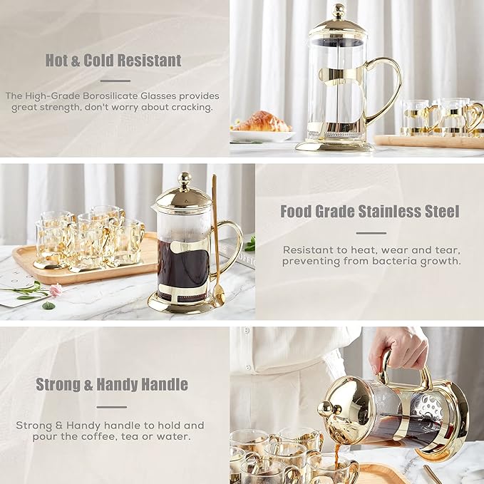 DUJUST Gold French Press Coffee Maker, Luxury Design French Coffee Press with 4-Level Filter System, High-Grade Glass for Hot & Cold Resistance, Include Long Size 304 Stainless Steel Spoon - 34oz