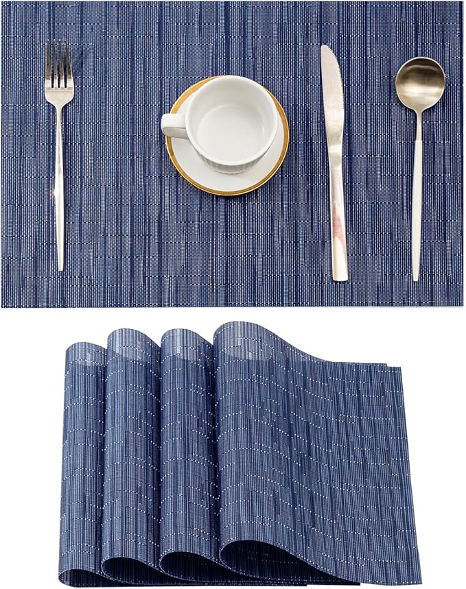 Leetaltree Blue Placemats Set of 4 - Heat Resistant Non-Slip Place mats for Dining Table, Washable Durable PVC Vinyl Woven Table Mats（Blue, 4）