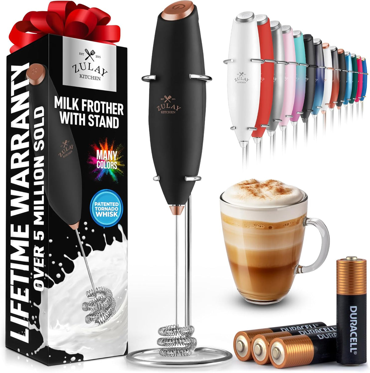 Zulay Kitchen Patented Tornado Triple Whisk Milk Frother with 4 Duracell Batteries – Handheld Foam Maker for Coffee, Lattes, Matcha & Hot Chocolate – Rich, Creamy Froth in Seconds