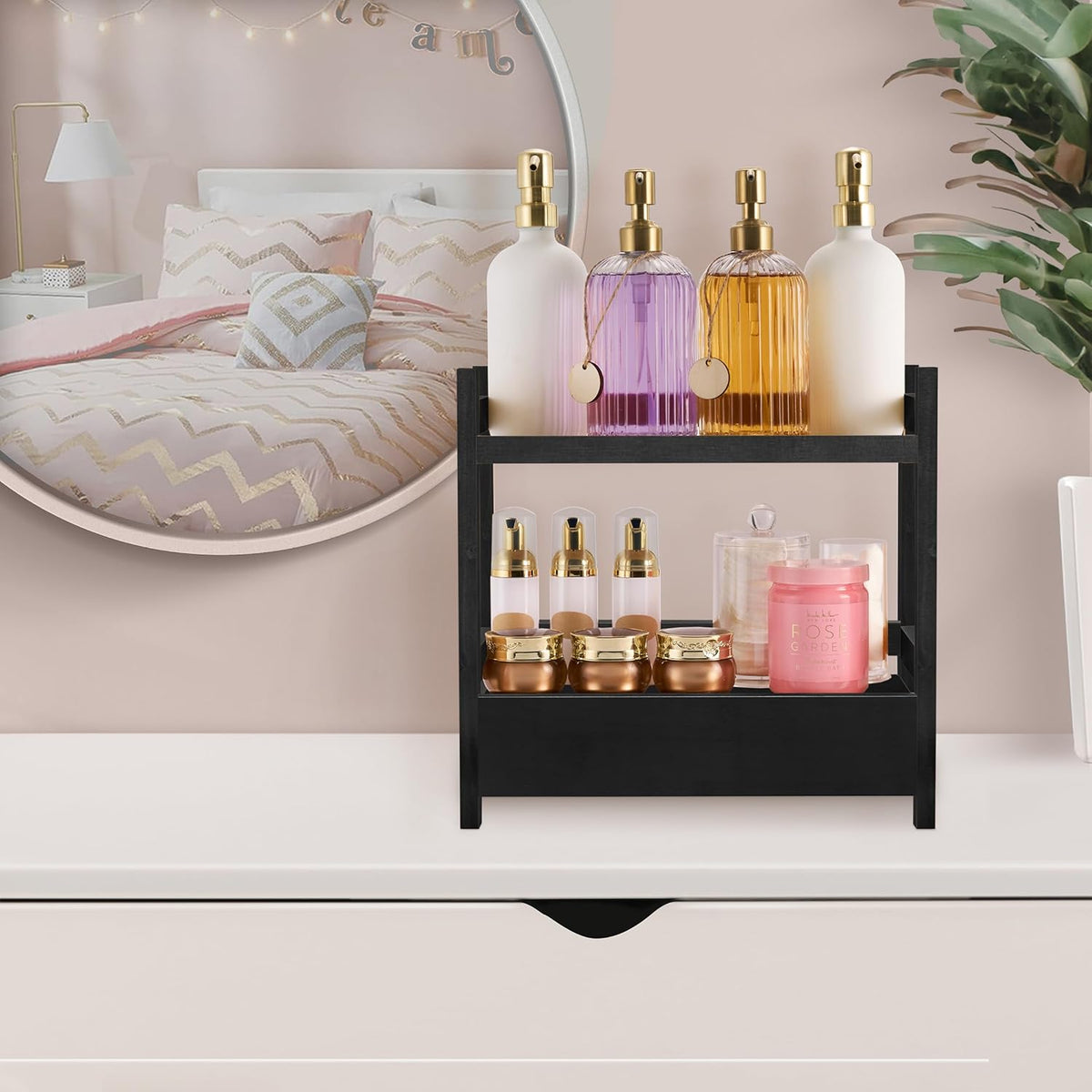 Sorbus Bamboo Bathroom Counter Organizer – 2-Tier Shelf with Hidden Drawer for Vanity, Matcha Station, Bathroom Sink Organizer Countertop, Kitchen & Office Storage (13″ L x 6.5″ W x 12.6″ H) (Black)