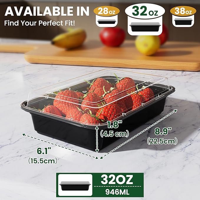 32oz Meal Prep Containers [50-Pack], Reusable Bento Box with Easy-Snap Leakproof Lids - Microwave, Dishwasher & Freezer Safe Food Storage, BPA-Free Plastic Lunch Containers (Black)