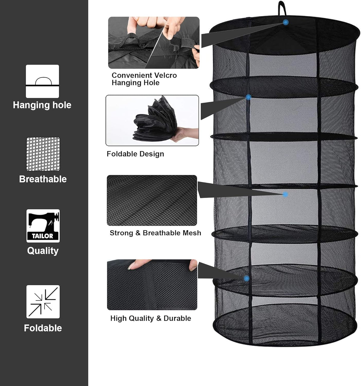 Desy & Feeci Herb Drying Rack Hanging, 6 Layer Collapsible Mesh Dry Net Herb Dryer with S Hang Buckle and Storage Bag, Black (Diameter 60 cm)