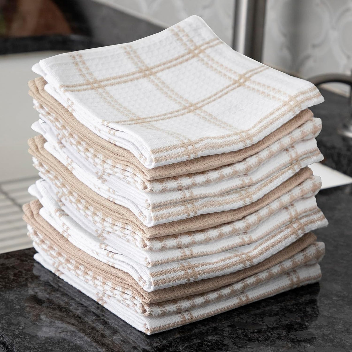 T-fal Premium Waffle Dish Cloths: Highly Absorbent, Super Soft Long Lasting - 100% Cotton, 12"x13" Towel for Cleaning & Drying, (12-Pack), Sand